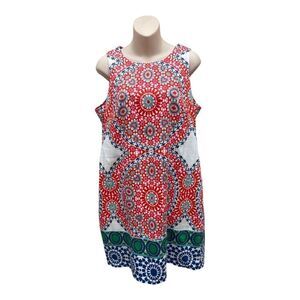 London Times Size 14 Bohemian Shift Dress Red White Green Floral Sleeveless